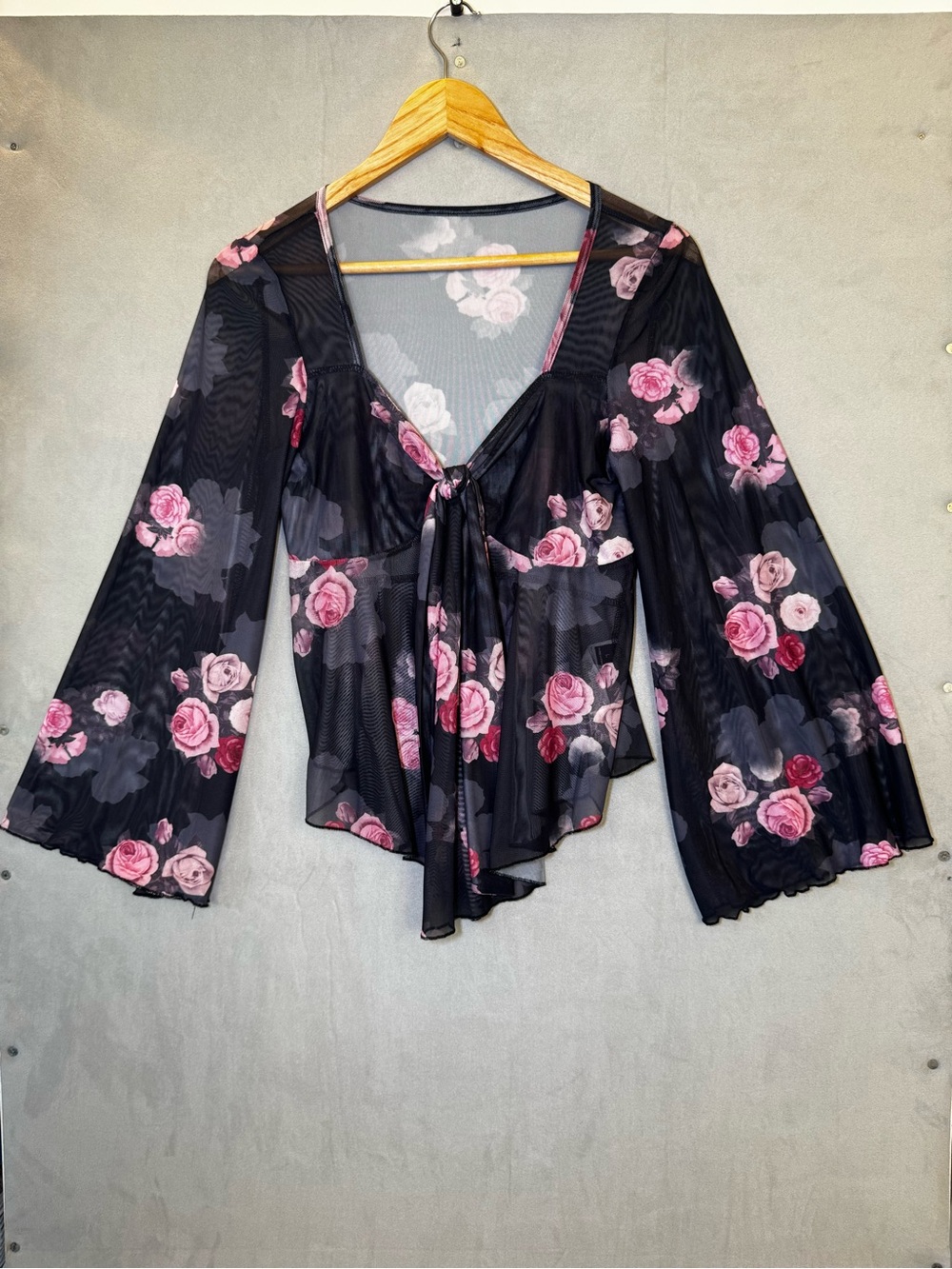 SHEIN Floral Mesh Top L Black Pink Rose Bell Sleeve Tie Front Y2K
